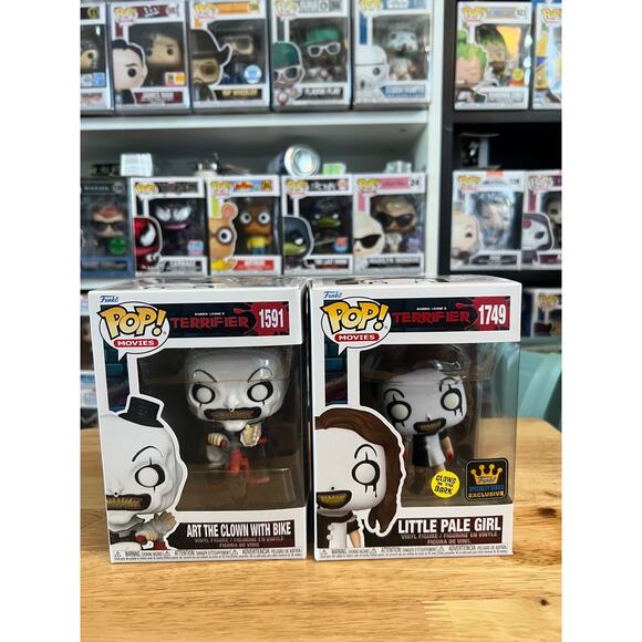 2 Terrifier Funko Pops GLOW Little Pale Girl Art Clown Bike #1749 #1591 Horror - Picture 1 of 1
